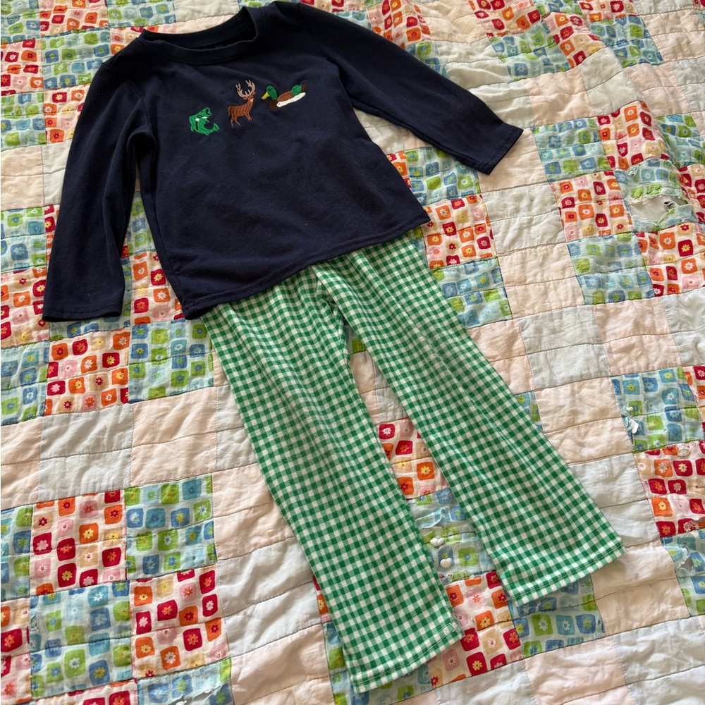 Kids Navy Blue Top & Green Gingham Pants Set
